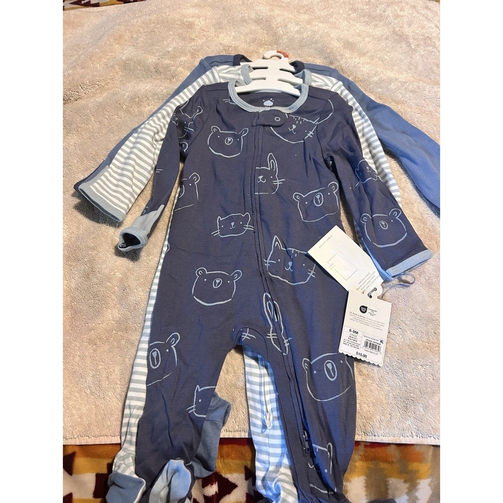 Cloud Island Baby Boys Sleep N Play 3 Pack 6-9M 2-Way Zip Animals NWT